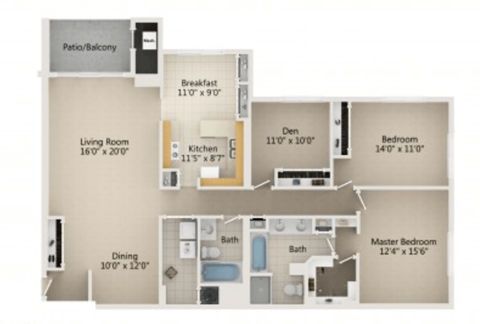3 Bedroom 2 Bath 1,825 Sq. Ft. Type B floor plan at Atrium in The Village, Beachwood, OH